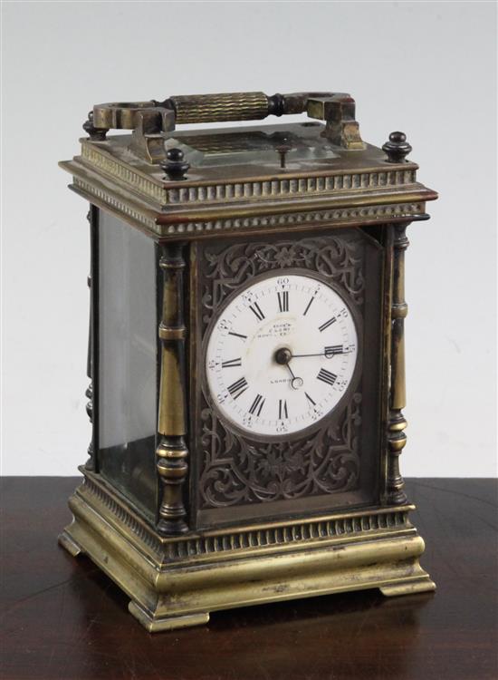 A late 19th century French brass hour repeating carriage clock, 6in.